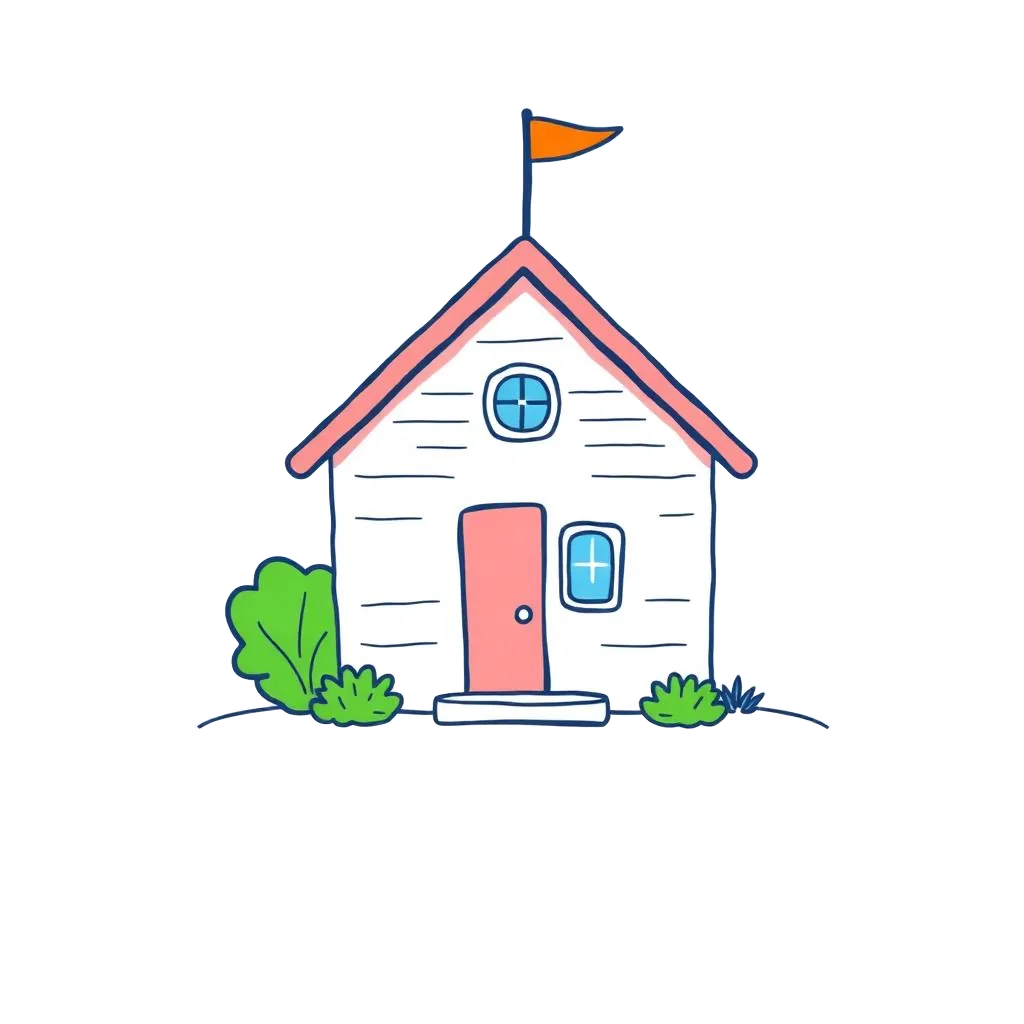 Illustration of a local preschool building with an orange flag