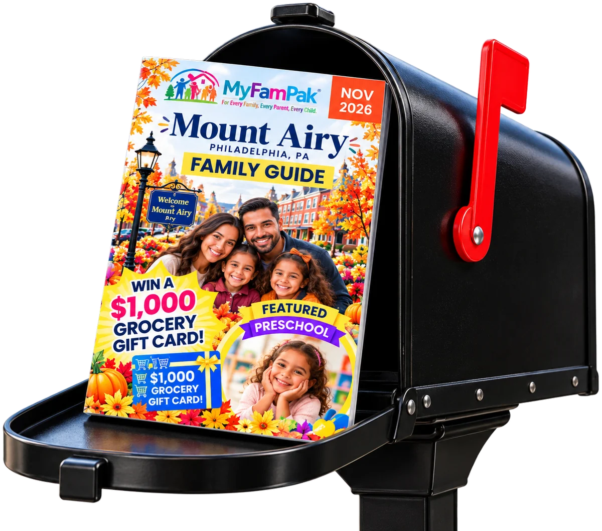 A black mailbox with its red flag raised, holding the November 2026 Mount Airy MyFamPak Family Guide