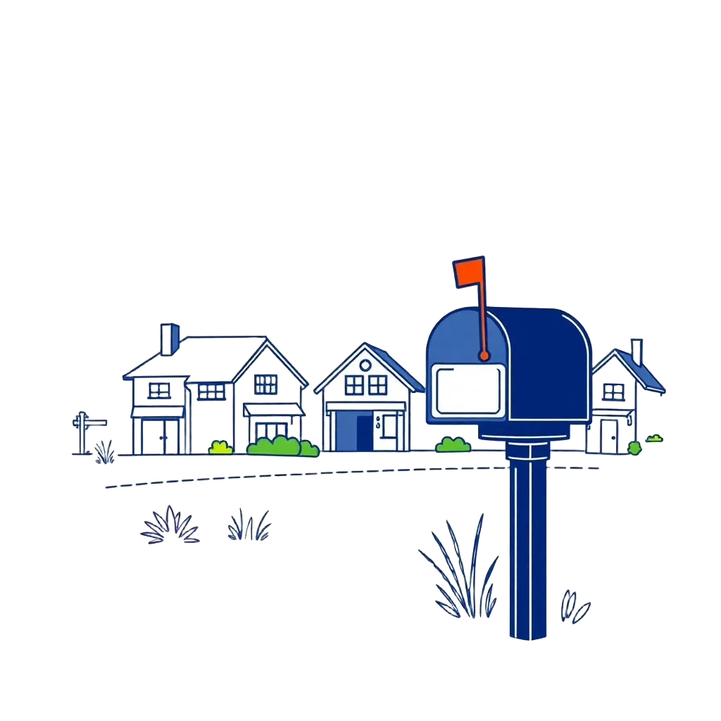 Illustration of a navy neighborhood mailbox in front of local homes